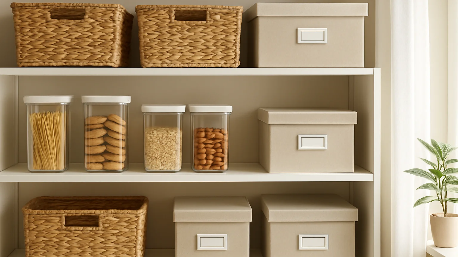 Tidy home organization shelf with woven baskets, labeled storage