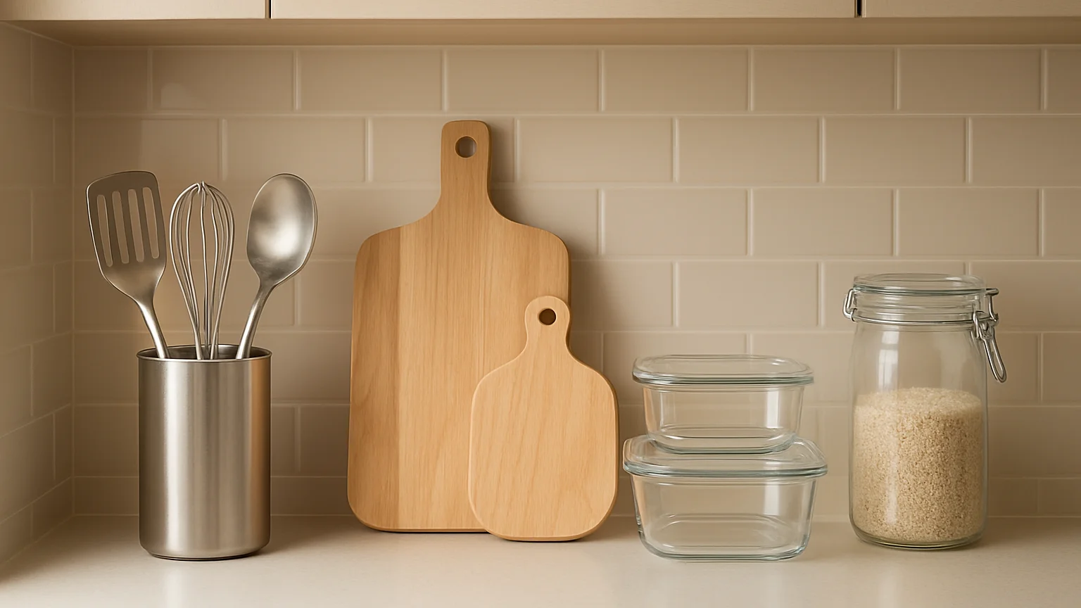 Clean kitchen counter with stainless utensils, cutting boards, an