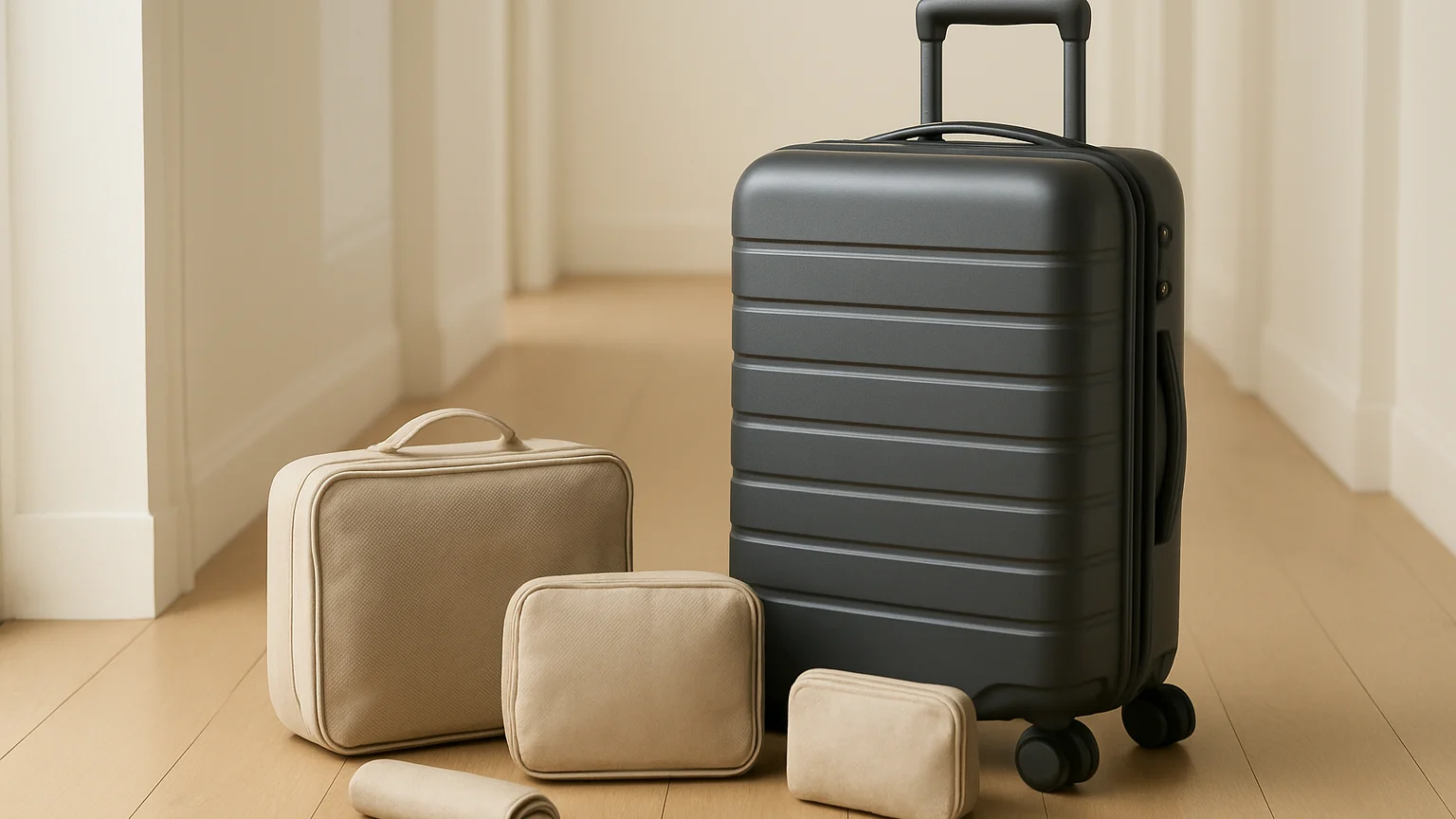 Compact travel accessories laid neatly beside a carry-on case in
