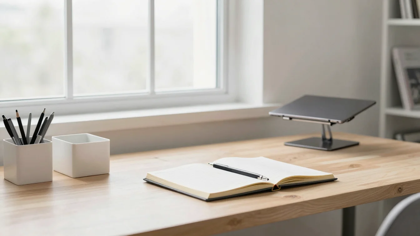 Tidy modern office desk with notebook, desk organizer, pens, and