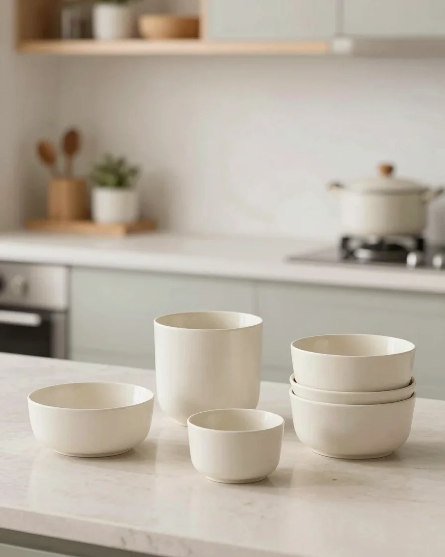 Clean editorial product photograph of neatly arranged kitchen and home organization items on a light neutral surface, br
