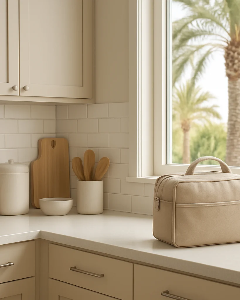 Bright modern GCC home interior with neatly organized kitchen cou